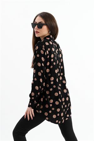 Düşük Kol Puantiye Desen Saten Gömlek - Siyah-Camel