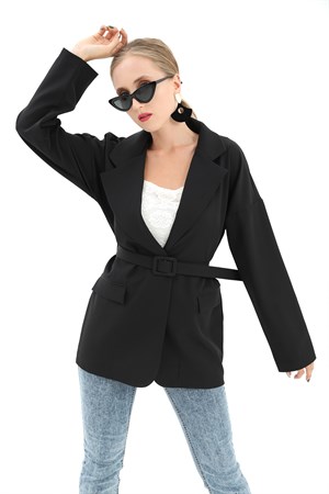 Düşük Omuz Kemerli Atlas Kumaş Blazer Ceket - Siyah