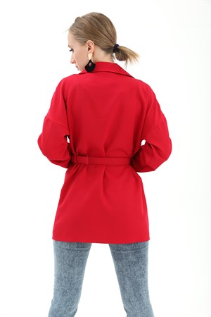 Düşük Omuz Kemerli Atlas Kumaş Blazer Ceket - Kırmızı