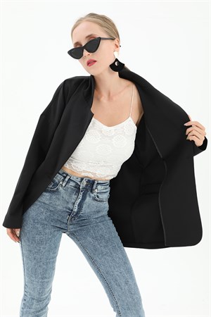 Düşük Omuz Kemerli Atlas Kumaş Blazer Ceket - Siyah