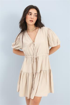 Elbise Balon Kol Beli Büzgülü - Taş