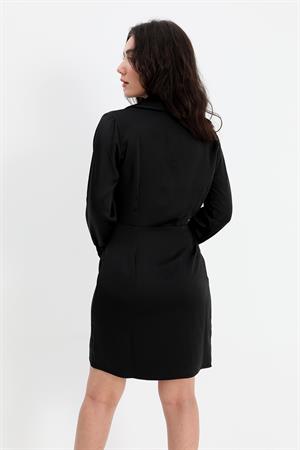 Elbise Kruvaze Yaka Düğmeli Saten - Siyah