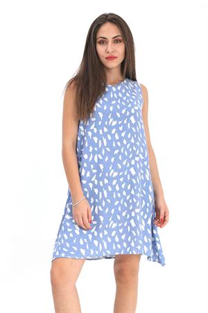 Elbise Sıfır Kol Desenli Keten - Mavi