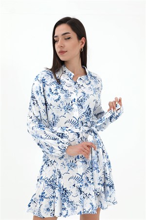 Eteği Volanlı Viskon Elbise - Mavi