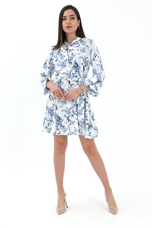 Eteği Volanlı Viskon Elbise - Mavi