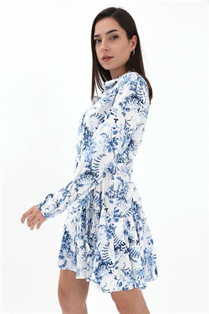 Eteği Volanlı Viskon Elbise - Mavi