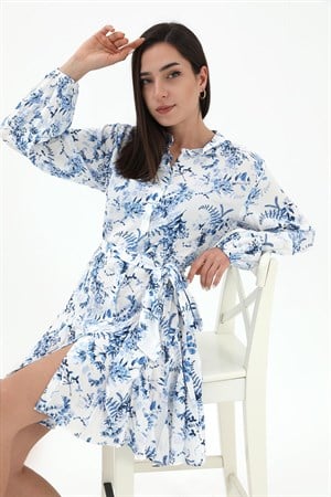 Eteği Volanlı Viskon Elbise - Mavi