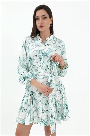 Eteği Volanlı Viskon Elbise - Yeşil