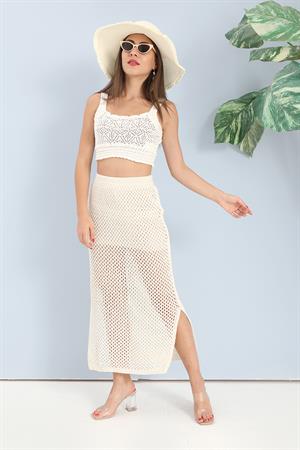 Etek Astarlı Yırtmaçlı Triko - Ekru