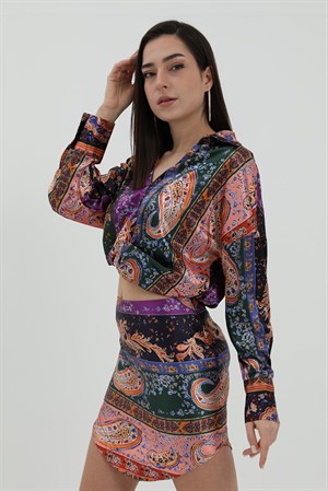 Etnik Desenli Saten Takım - Turuncu