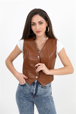 Fleto Cepli Deri Yelek - Taba