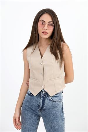 Fleto Cepli Deri Yelek - Taş