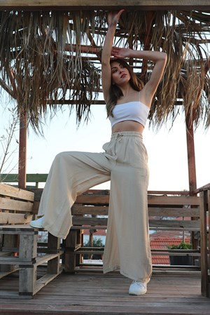 Geniş Kemerli Bol Paça Düz Keten Kadın Pantolon - Taş