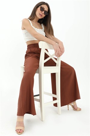 Geniş Kemerli Bol Paça Düz Keten Kadın Pantolon - Kahverengi