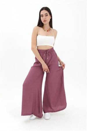 Geniş Kemerli Bol Paça Düz Keten Kadın Pantolon - Lila