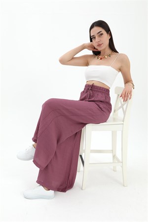 Geniş Kemerli Bol Paça Düz Keten Kadın Pantolon - Lila