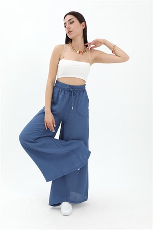 Geniş Kemerli Bol Paça Düz Keten Kadın Pantolon - Mavi