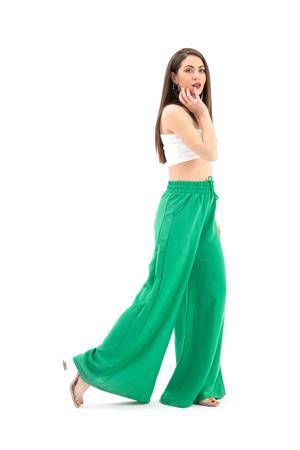 Geniş Kemerli Bol Paça Düz Keten Kadın Pantolon - Yeşil