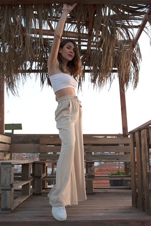 Geniş Kemerli Bol Paça Düz Keten Kadın Pantolon - Taş