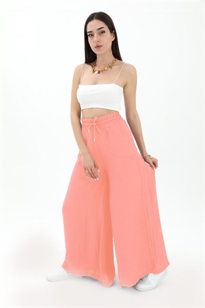 Geniş Kemerli Bol Paça Düz Keten Kadın Pantolon - Mercan