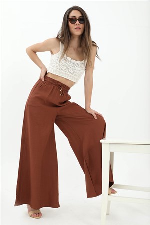 Geniş Kemerli Bol Paça Düz Keten Kadın Pantolon - Kahverengi