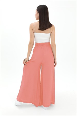 Geniş Kemerli Bol Paça Düz Keten Kadın Pantolon - Mercan