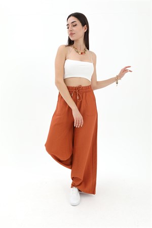 Geniş Kemerli Bol Paça Düz Keten Kadın Pantolon - Taba