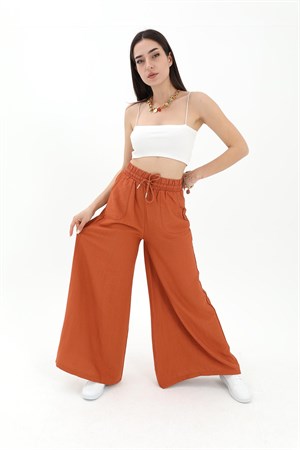 Geniş Kemerli Bol Paça Düz Keten Kadın Pantolon - Taba