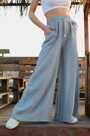 Geniş Kemerli Bol Paça Düz Keten Kadın Pantolon - Gri