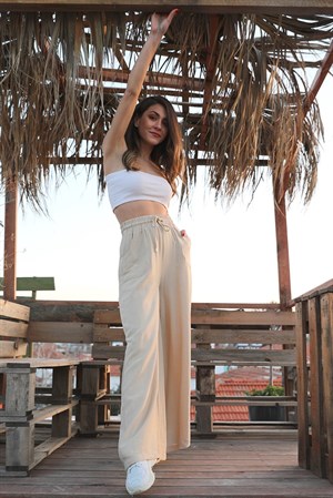Geniş Kemerli Bol Paça Düz Keten Kadın Pantolon - Taş