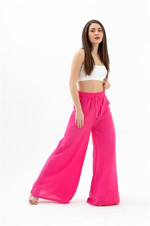 Geniş Kemerli Bol Paça Düz Keten Kadın Pantolon - Fuşya