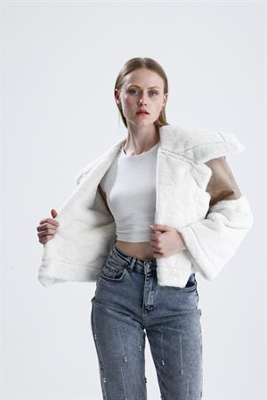 Geniş Yakalı Kolu Peluş Süet Eskitme Mont - Bej-Ekru