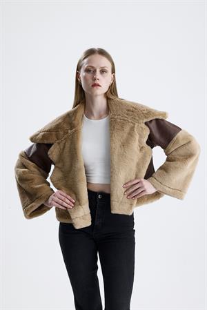 Geniş Yakalı Kolu Peluş Süet Eskitme Mont - Camel
