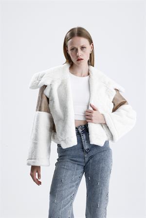 Geniş Yakalı Kolu Peluş Süet Eskitme Mont - Bej-Ekru