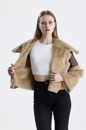 Geniş Yakalı Kolu Peluş Süet Eskitme Mont - Camel
