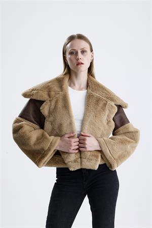 Geniş Yakalı Kolu Peluş Süet Eskitme Mont - Camel
