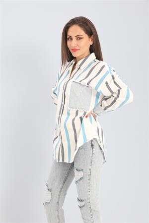 Gömlek Keten Garnili Çizgili Kot - Mavi