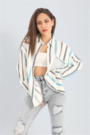 Gömlek Keten Garnili Çizgili Kot - Mavi