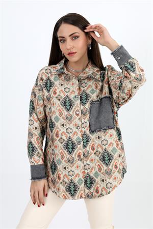 Gömlek Kot Garnili Baskılı Jakar Kapitone - Yeşil