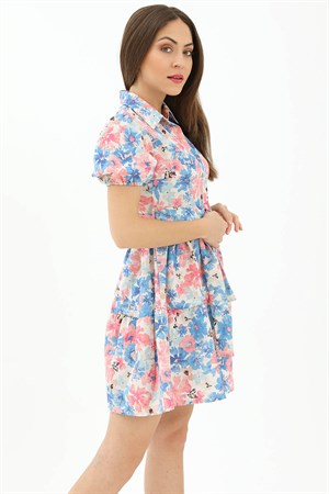 Gömlek Yaka Önü Düğmeli Beli Kuşaklı Çiçek Desen Elbise - Mavi