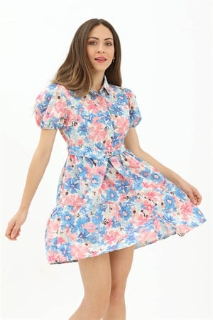 Gömlek Yaka Önü Düğmeli Beli Kuşaklı Çiçek Desen Elbise - Mavi
