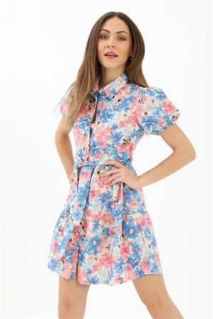 Gömlek Yaka Önü Düğmeli Beli Kuşaklı Çiçek Desen Elbise - Mavi