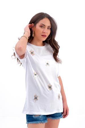 Göz Nakışlı Süprem Tişört - Ekru