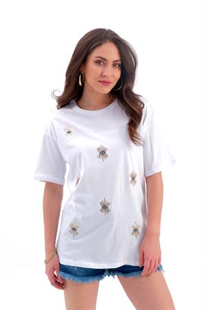 Göz Nakışlı Süprem Tişört - Ekru
