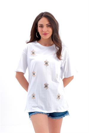 Göz Nakışlı Süprem Tişört - Ekru