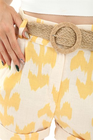 Hasır Kemer Baskılı Keten şort - Sarı