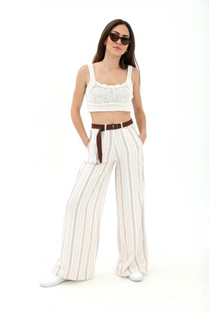 Hasır Kemer Çizgili Pantolon - Bej