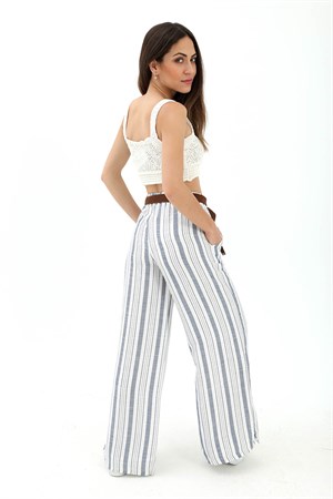 Hasır Kemer Çizgili Pantolon - Lacivert