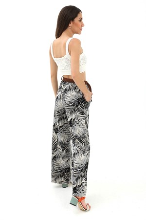 Hasır Kemer Desenli Keten Pantolon - Siyah