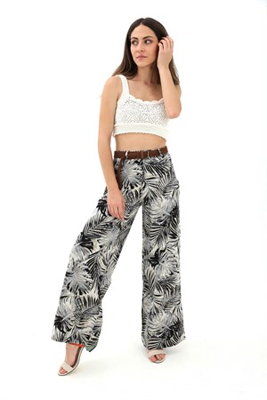 Hasır Kemer Desenli Keten Pantolon - Siyah